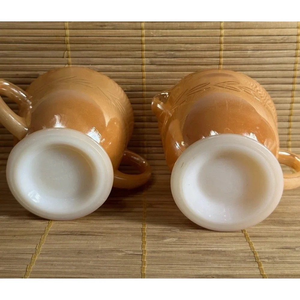 Fire King Oven Ware Peach Luster / Laurel Leaf Cream and Sugar Bowl Set Vintage